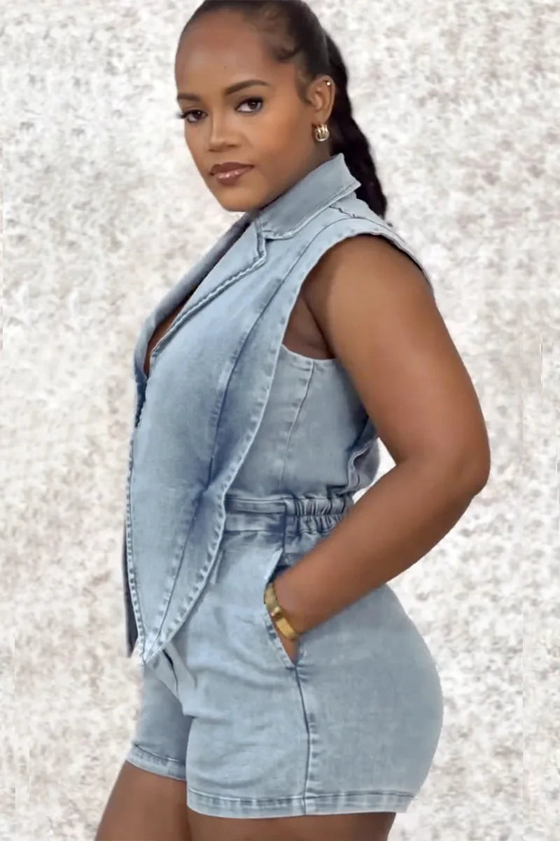 HLJ High-quality Fashion Denim Rompers Women Lapel Sleeveless Hollow Button One Piece Jumpsuits Female Streetwear Overalls New