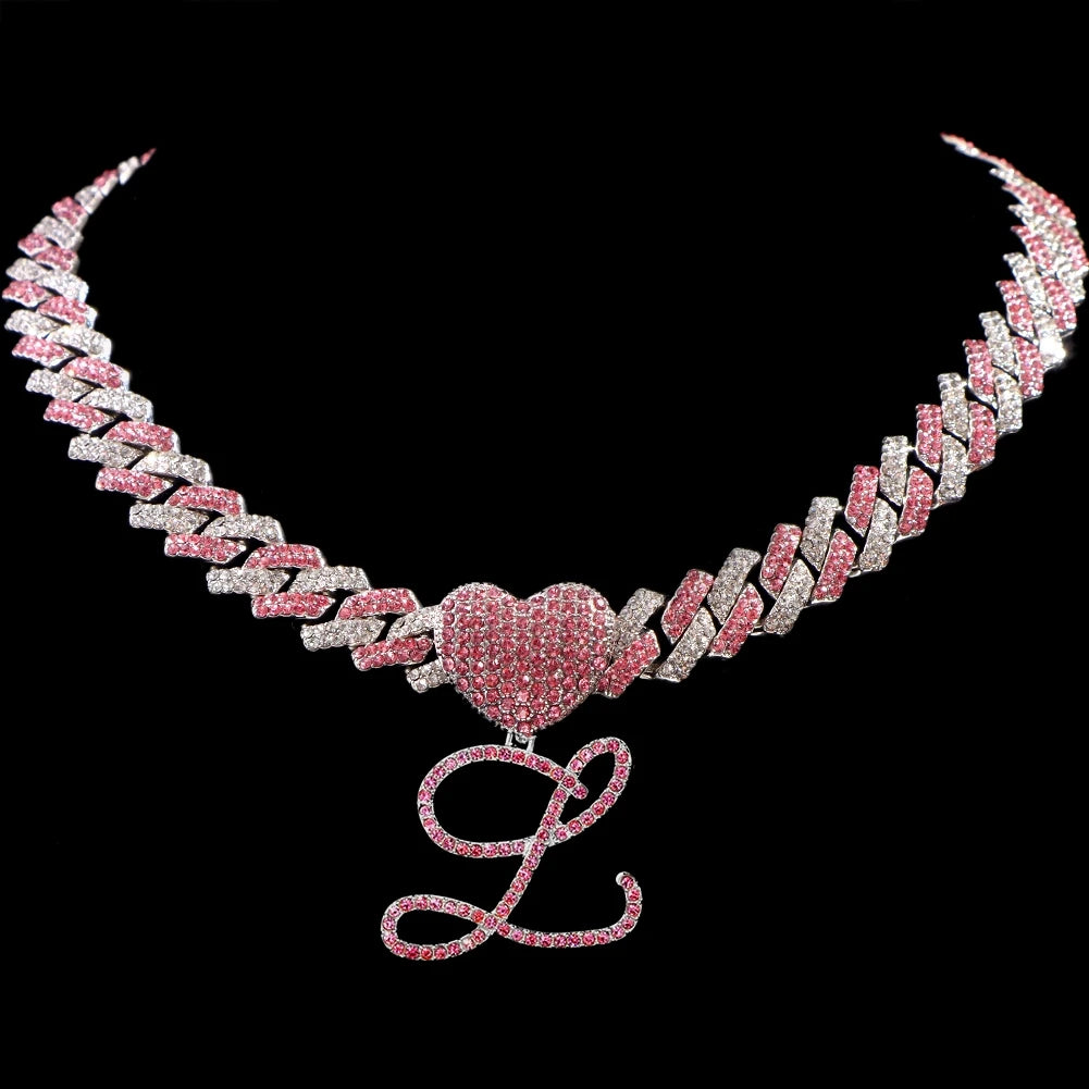 Hip Hop Bling Pink Crystal Cursive Initial Letter Cuban Necklace for Women Iced Out Paved Cuban Chain Necklace Choker Jewelry