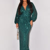 Women Sequins Splice Dress V Neck Full Sleeve A Line Evening Dresses Party Solid High Waist Long Skirts Office Lady Prom