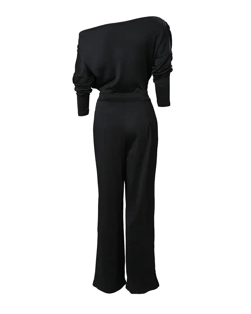 New Flat Elegant Office Women's Loose Ruffle Cold Shoulder Split Wide Leg jumpsuit Single Shoulder Formal Elegant Party jumpsuit