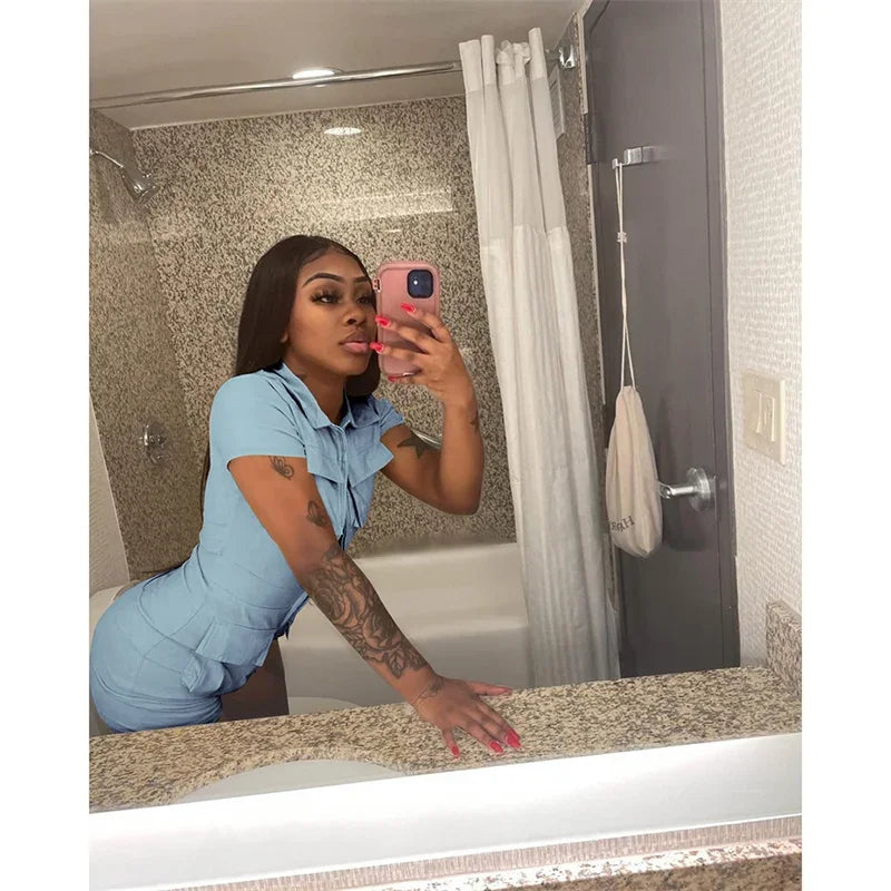 Streetwear Zipper Pockets Shorts Jumpsuit Women Clothing Short Sleeve Skinny Cargo Playsuit Summer Casual One Pieces Romper