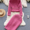 Modphy Autumn Fashion Rose Red Woolen Two Piece Set Women Golden Button Chain Belt Tweed Short Jacket Coat+Split Midi Skirt Suit