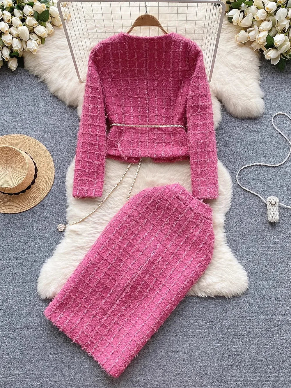 Modphy Autumn Fashion Rose Red Woolen Two Piece Set Women Golden Button Chain Belt Tweed Short Jacket Coat+Split Midi Skirt Suit