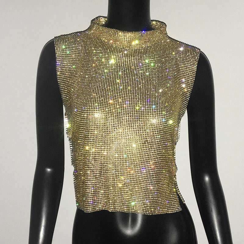 Sexy Rhinestone Backless Party Crop Top Women Glitter Turtleneck TShirt Adjustable Metal Chain Summer Nightculb Diamond Tank Top