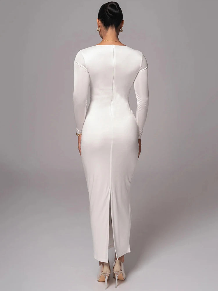 Mozision hollow out long sleeve sexy maxi dress for women fashion solid V neck back split bodycon club long dress elegant