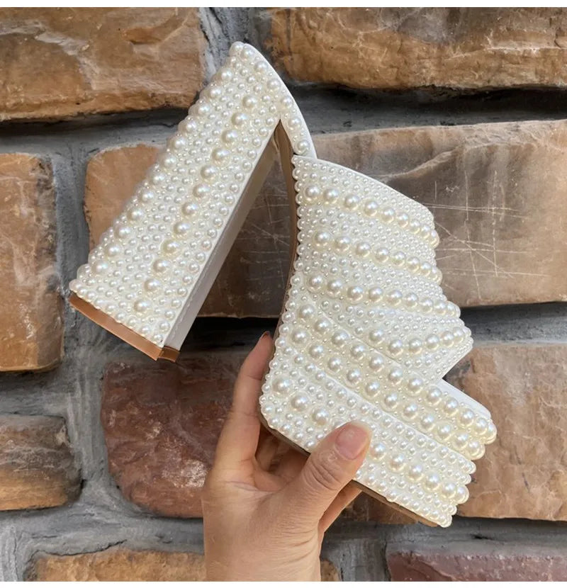 Luxury Handmade Full Rhinestones Platform Wedges Women Slippers Sandals Fashion Summer High heels Mules Slides Chunky Shoes