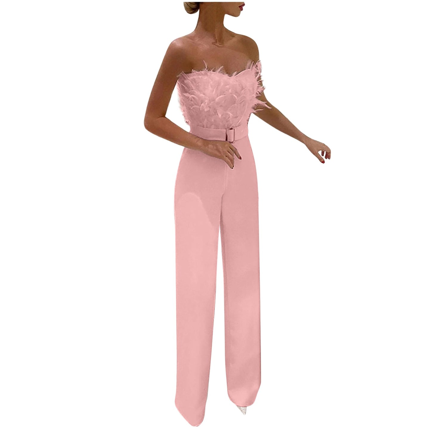 Women Jumpsuit Feather Tube Top Sexy Evening Party Jump Suits Sleeveless High-waisted Straight Playsuits Night Clubwear Overalls