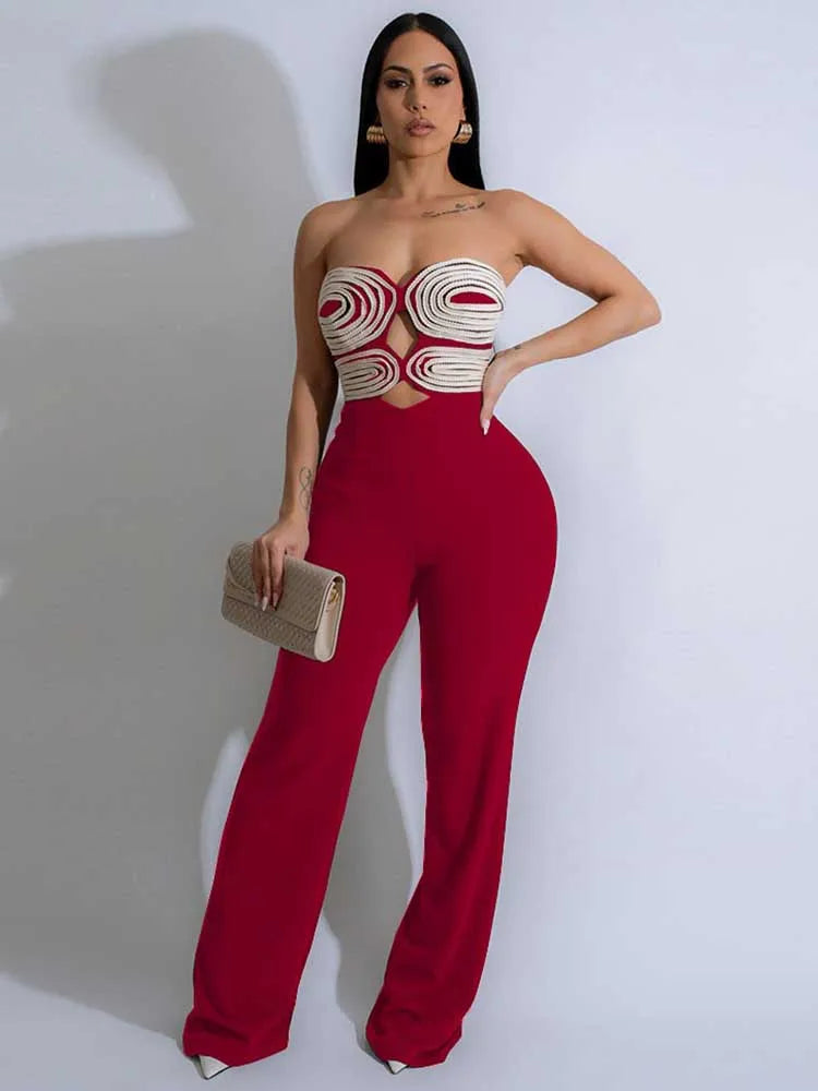 Women Summer Strapless Jumpsuit Sexy One Piece Outfits Cut Out Waist Party Jumpsuit Clothing Lady Full Length Backless Jumpsuits