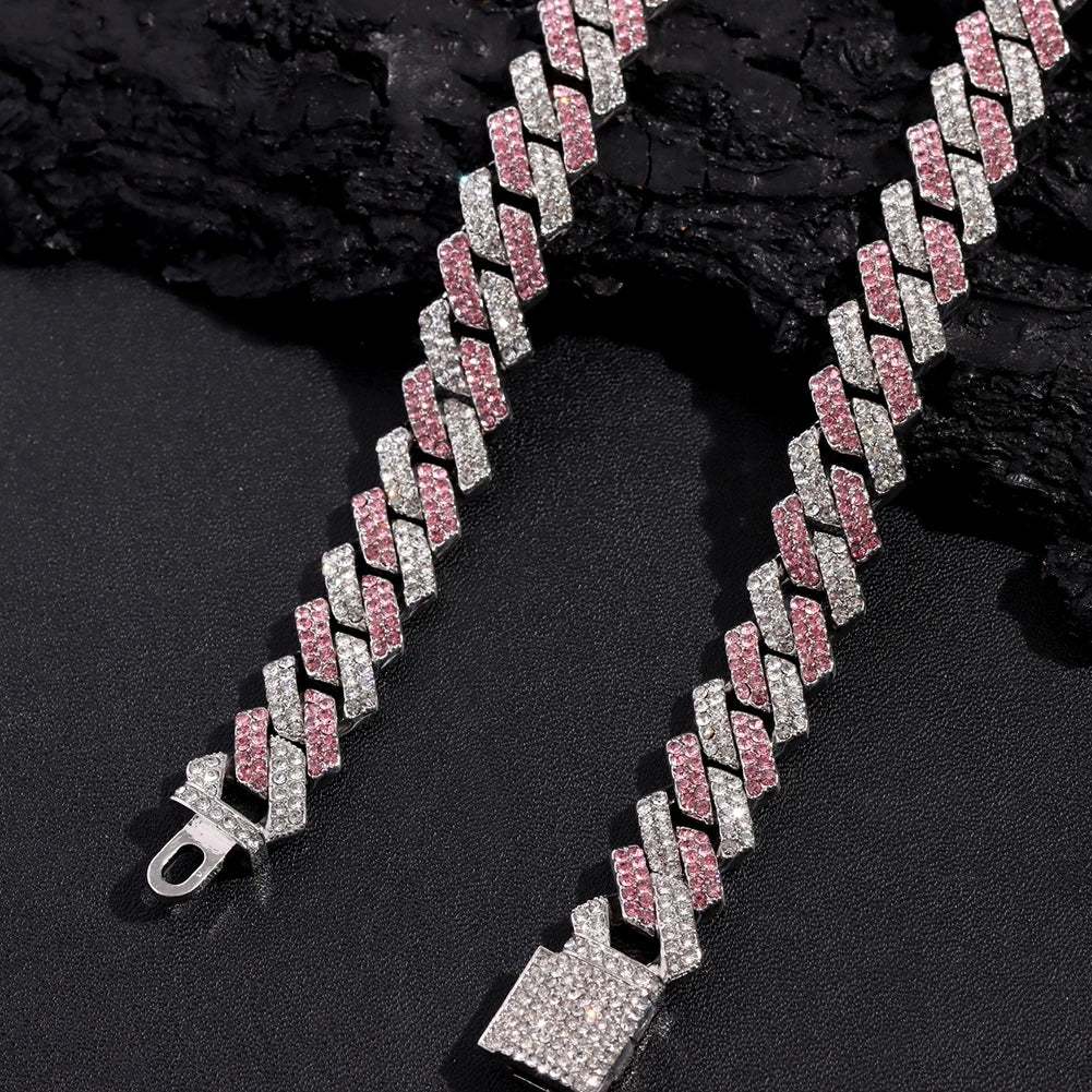 Hip Hop Bling Pink Crystal Cursive Initial Letter Cuban Necklace for Women Iced Out Paved Cuban Chain Necklace Choker Jewelry