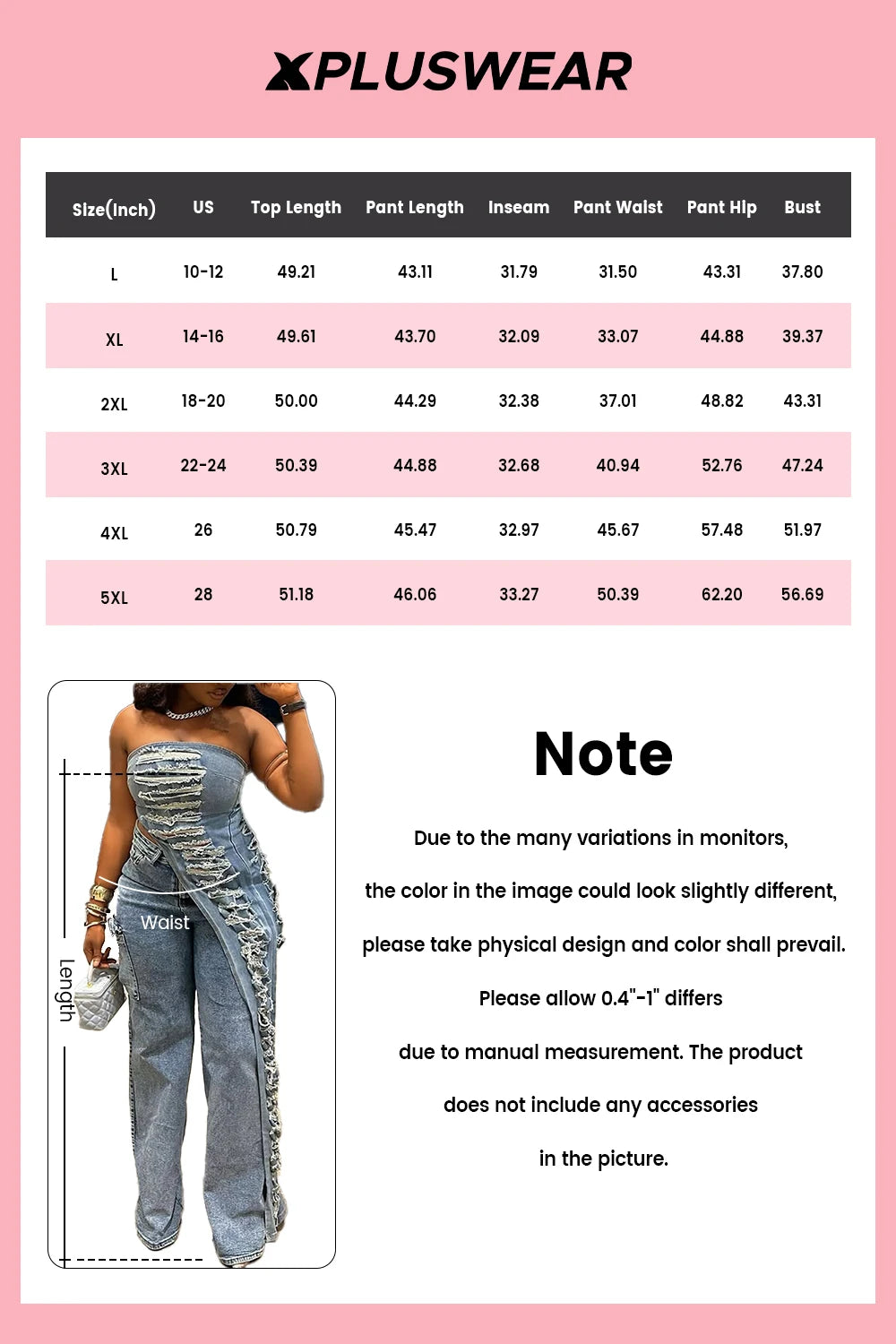 Plus Size Party Blue Asymmetric Hem Distressed Denim Two Piece Pant Sets