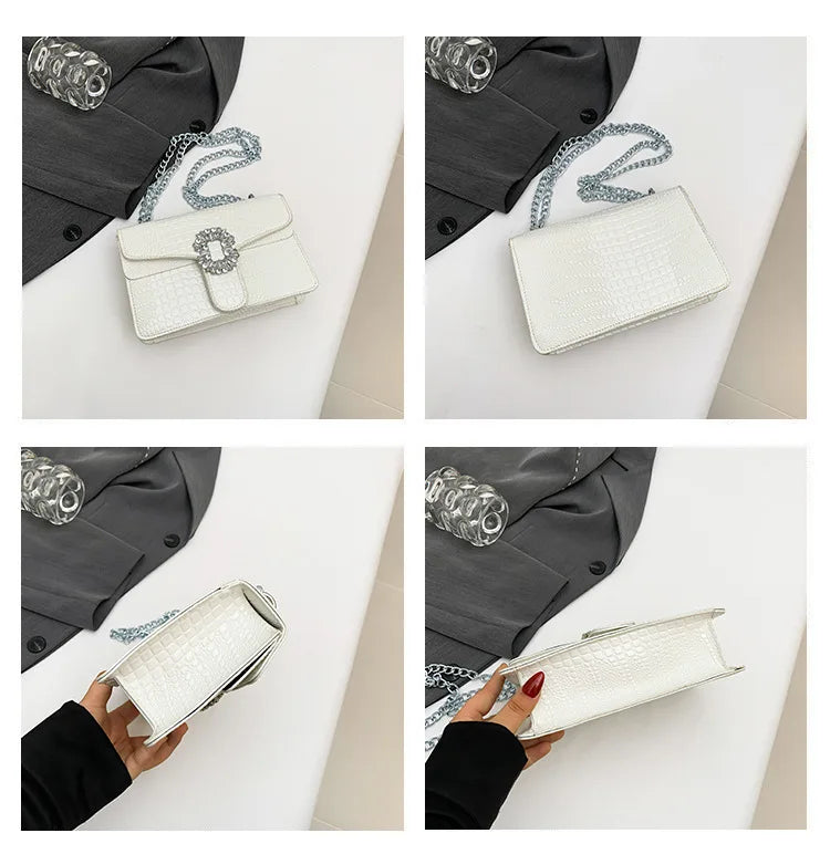 Crocodile Embossed Shoulder Bags For Women Flap PU Leather Fashion Rhinestone Decor Small Square Crossbody Bag Designer Handbag