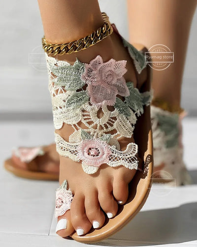 Sandals Women's Floral Pattern Hollow Out Toe Post Lace Flower Sandals Roman Style Open Toe Flat Shoes Women's Sandals