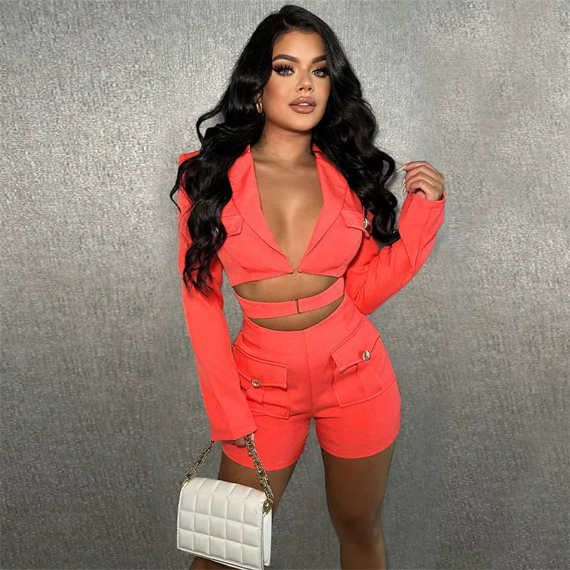Elegant Stylish Blazer Style Rompers Womens Jumpsuit Shorts Long Sleeve Hollow Out Bodycon Playsuit One Pieces Club Outfits
