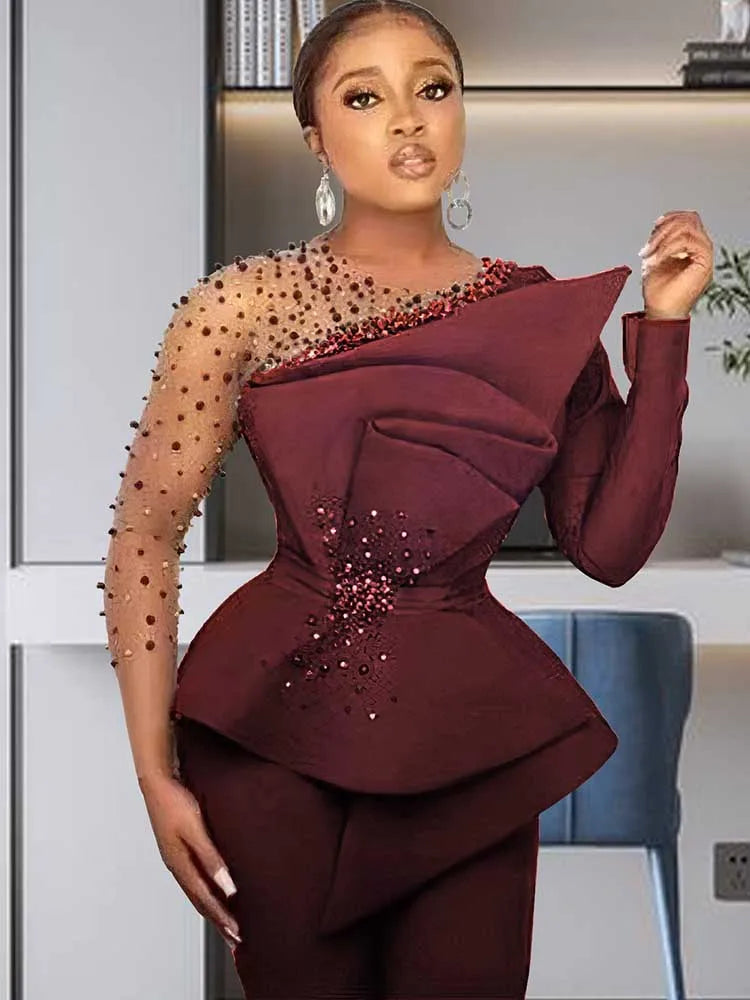 Spring 2 Pieces Set for Woman Pearl Top with Sleeves Pants Suit Women Outfit Elegant Classy Evening Wholesale Dropshipping