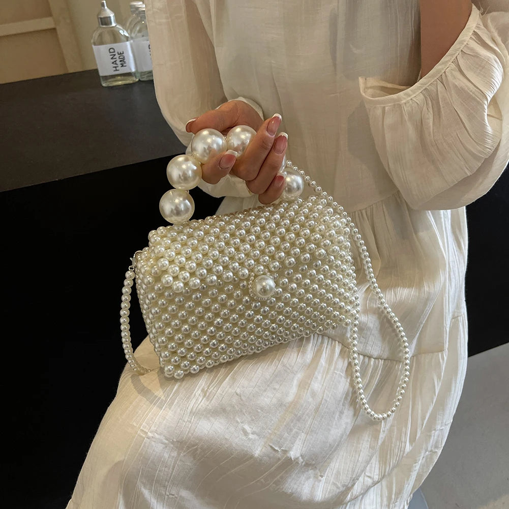 2024 Newest Handmade Pearl Knitting Evening Handbag Luxury Women's Snall Crossbody Bag High-end Hand-Woven Elegant Clutch Purses