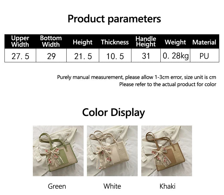 Trendy Lightweight Casual Bow Decor Straw Bag Hollow Out Knitted Flower Tote Bag Large Capacity Shoulder Bag For Teen Girl Women