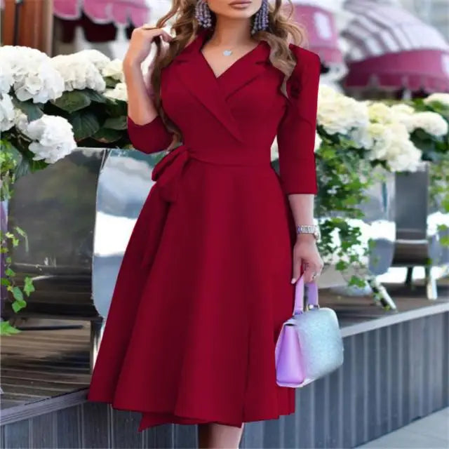 New Womens Dress Clothing Printing Suit Collar Tie Dress