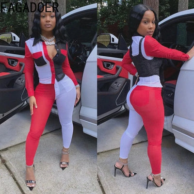 FAGADOER Neon Color Patchwork Two Piece Set Women Button Up Full Sleeve Top And Leggings Outfits Autumn Club Birthday Tracksuits