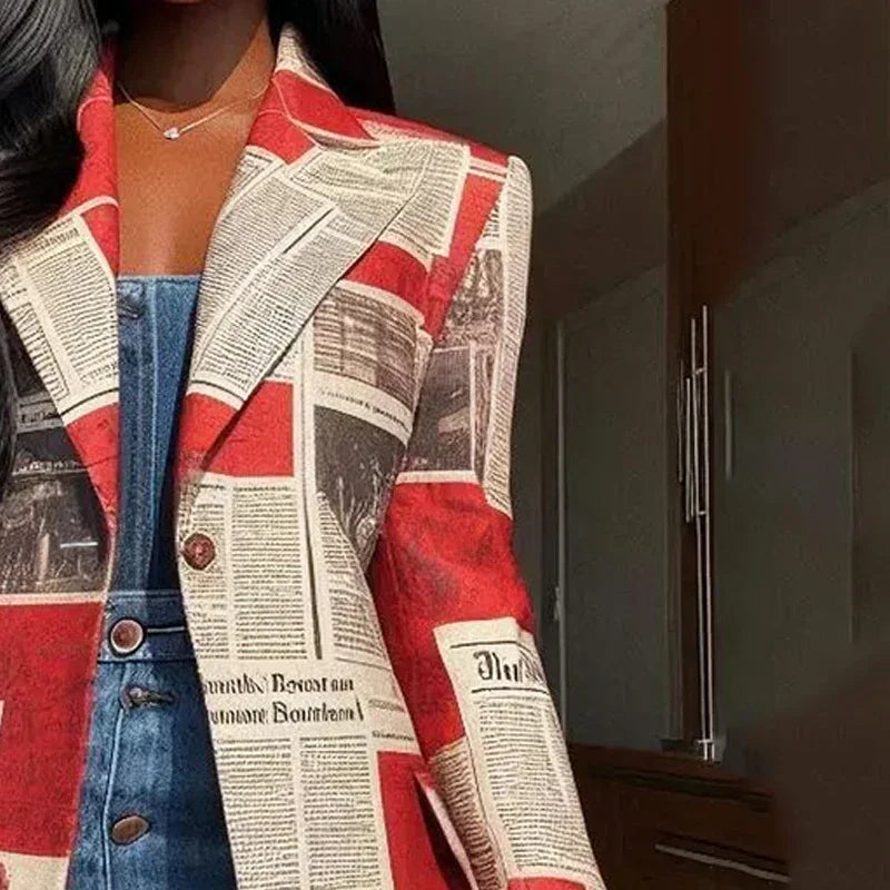 Yeezzi Women's Notched Collar Blazer 2025 New Spring Long Sleeves Fashion Newspaper Printed Urban Casual Streetwear Outerwears
