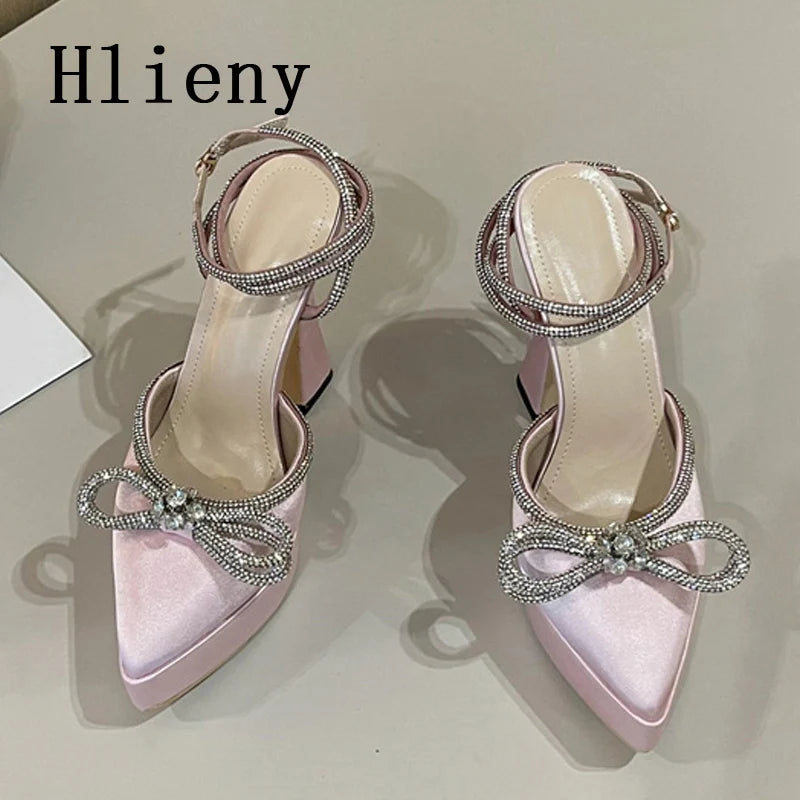 Hlieny 2025 Spring Autumn Women Pumps Fashion Platform Pointed Toe Butterfly-Knot Crystal Party Shoes Ankle Buckle Strap Sandals
