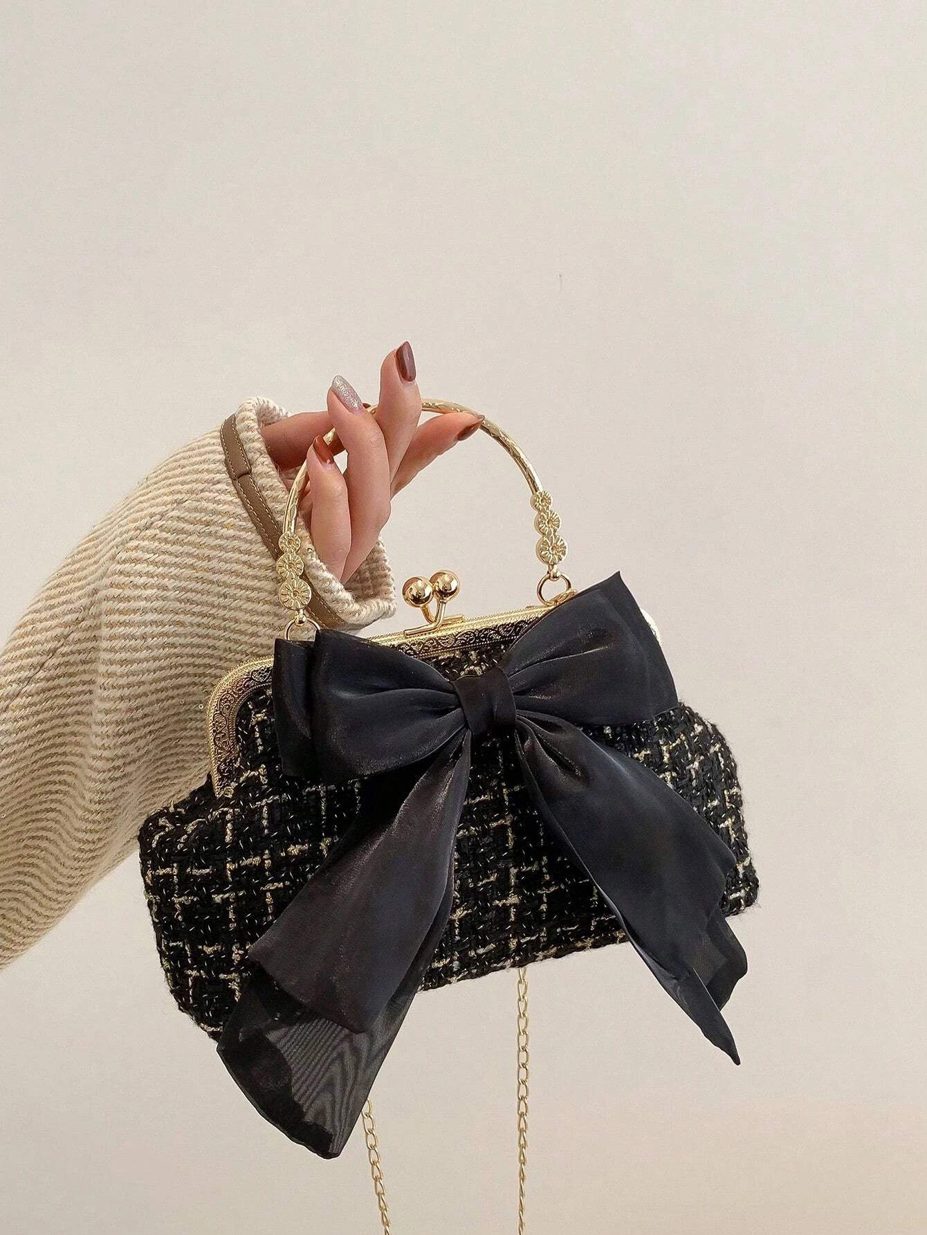 Glittering Chain Plaid Pattern Evening Bag For Women Bow Decor Shoulder Bag, Fashionable Elegant Clutch, Women‘s Crossbody Bag