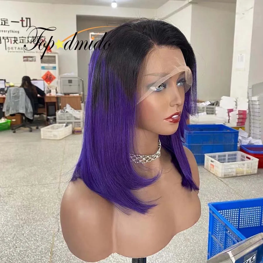 Topodmido Ombre Purple Color Short Hair Wig with Pre-Plucked Hairline Peruvian Hair Bob Lace Wigs with Dark Roots Lace Wigs