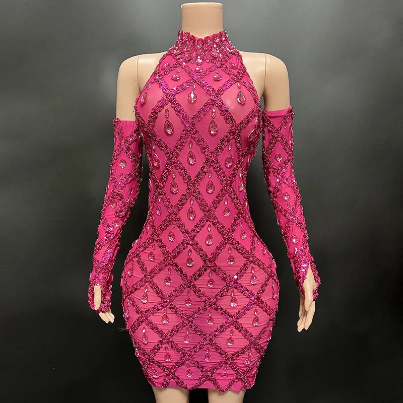High Quality Sparkling Rainestone Sexy Bodycon Mini Dress Birthday Celebrate Evening Party Dress