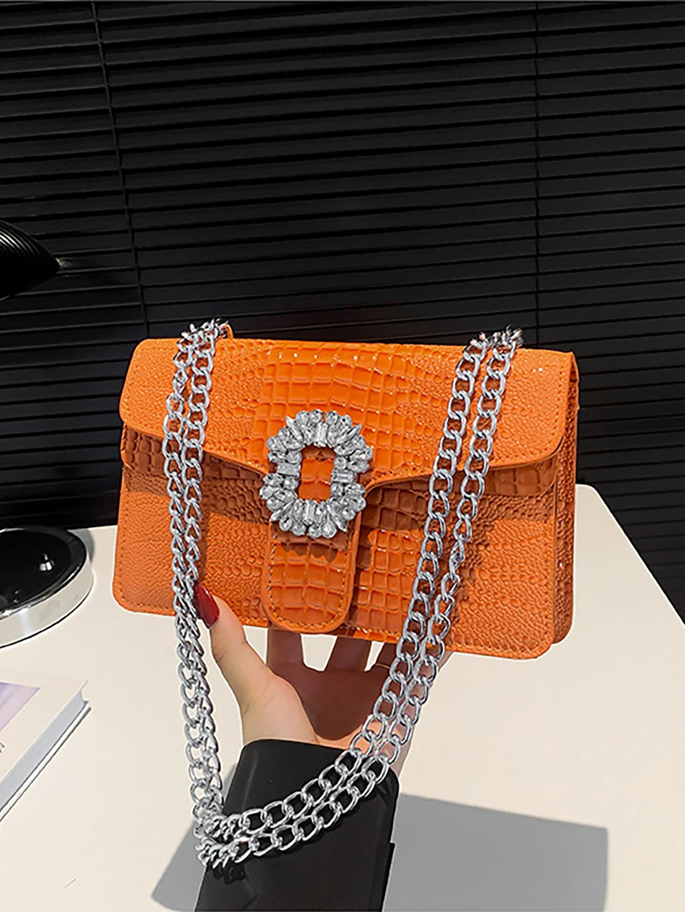 Crocodile Embossed Shoulder Bags For Women Flap PU Leather Fashion Rhinestone Decor Small Square Crossbody Bag Designer Handbag