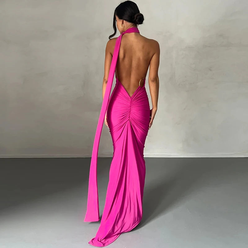 Hugcitar One Shoulder Backless Adjustable Scarf Loop Ruched Sexy Maxi Dress Women Elegant Y2K Streetwear Festival Outfit