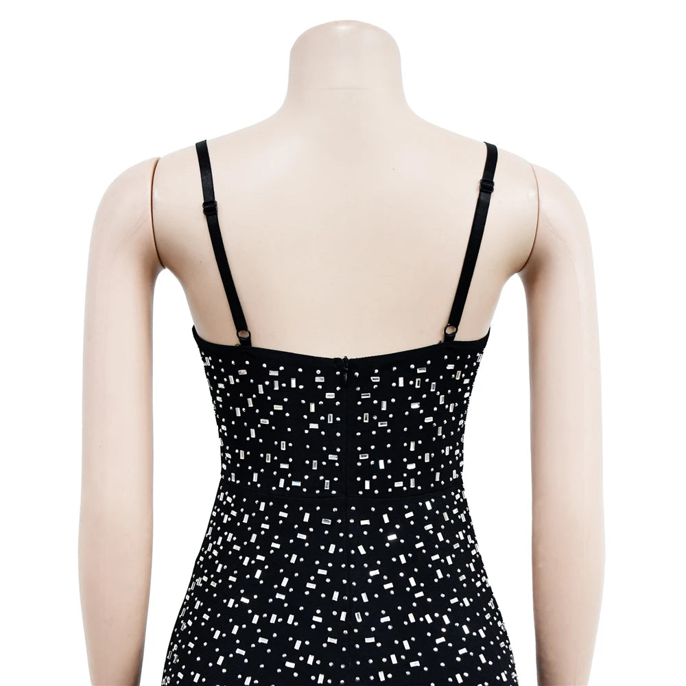 HBLL Women Club Outfits Spaghetti Strap Bodycon Jumpsuits Sparkly Rhinestone Romper Birthday Night Out One Piece Clubwear