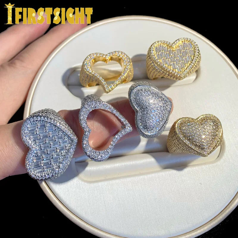 New Full Iced Out Bling Hollow Heart Ring Gold Silver Color 5A CZ Micro Pave Cubic Zircon Rings Hip Hop Punk Men Women Jewelry