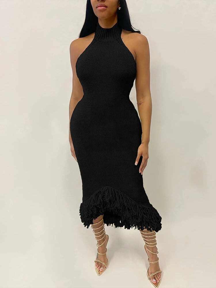 Weird Puss Knit Backless Dress Women Sleeveless Halter Summer Sexy Tassel Irregular Hem Clubwear Stretch Hipster Party Vestidos