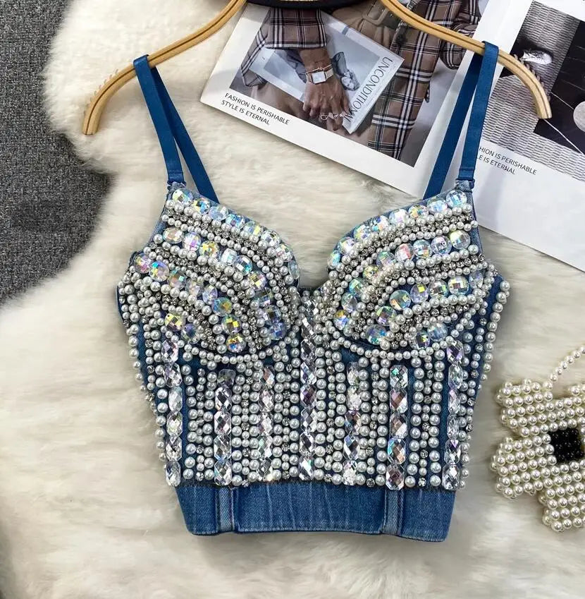 Streetwear Diamonds Denim Vest Female Bra Sleeveless Backless Sexy Summer Tank Tops For Women Camisole y2k Crop Top 2025
