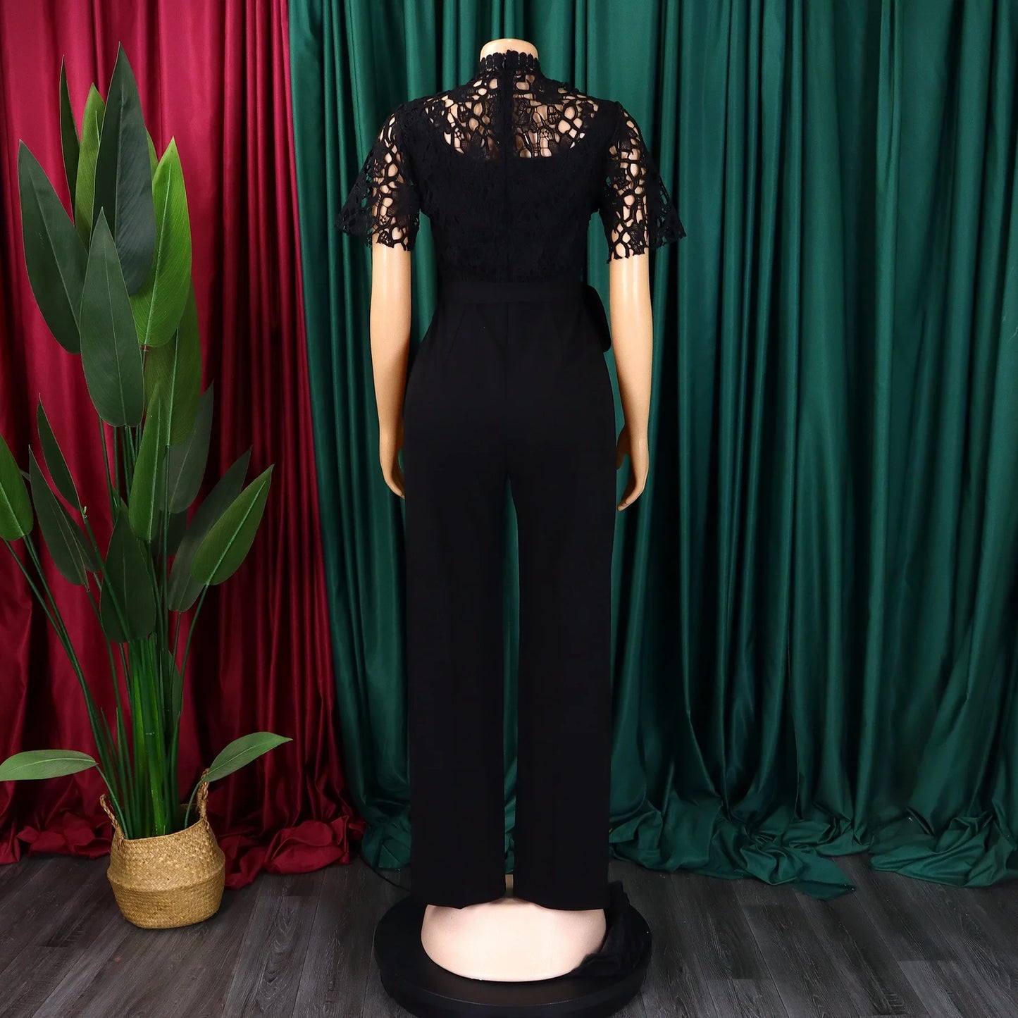 Elegant Jumpsuits & Rompers for Women O Neck Lace Patchwork Short Sleeve Sashes High Waisted Luxury Birthday Party Dinner Outfit