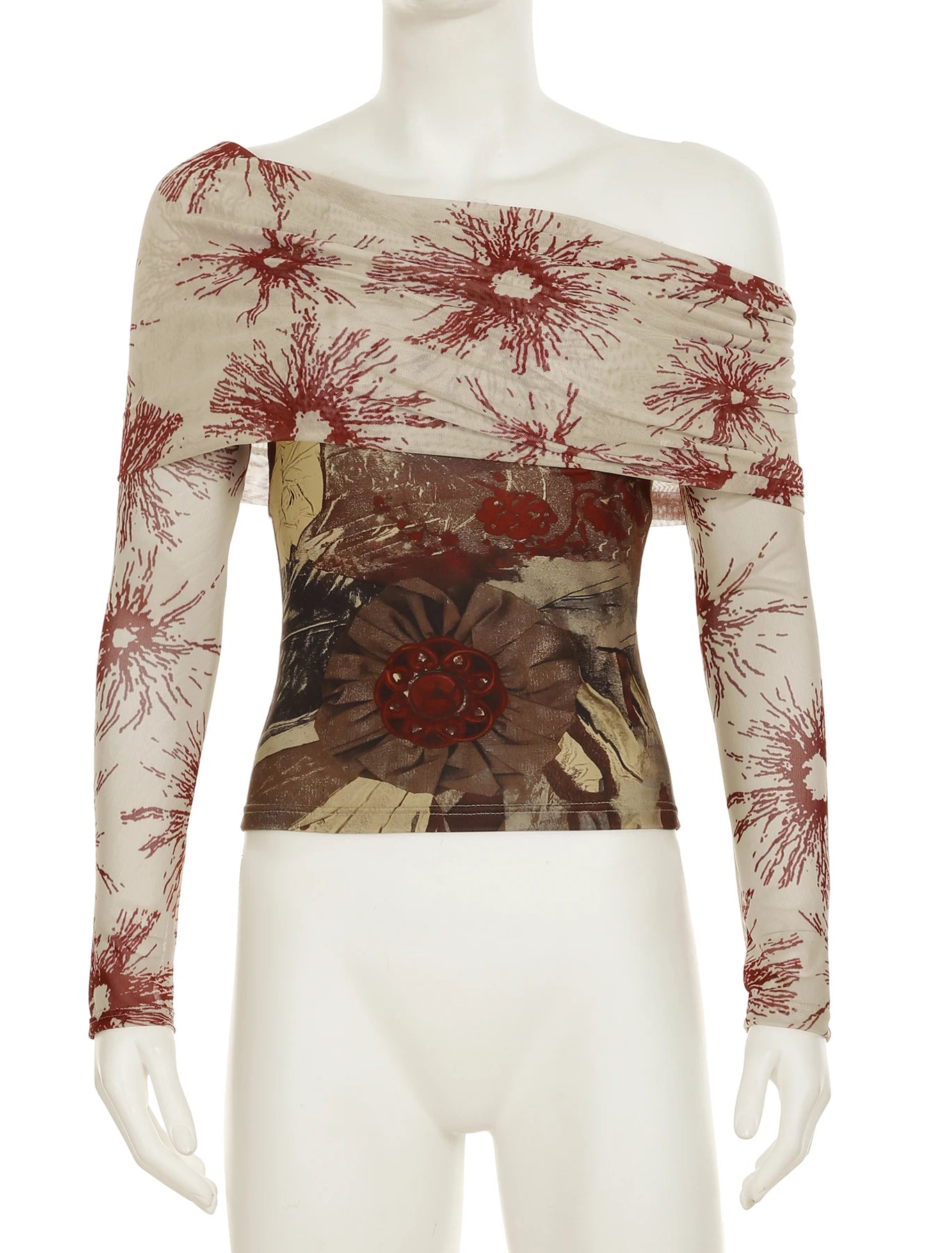 CIBBAR Vintage Mesh See Through Cropped Top y2k Aesthetic Floral Print Slash Neck Long Sleeve T-Shirts Women Retro Fashion Tees