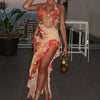 Weird Puss Halter Metal Buckle Dress Women Y2K Hollow Backless Summer Trend High Split Ruffles Sexy Elegant Bandage Maxi Bodycon