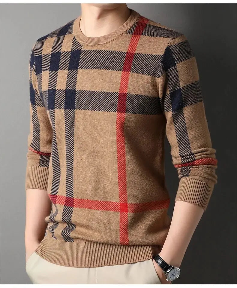 High Quality Luxury Men's Knitted Pullover Autumn Winter O-Neck Striped Wool Sweater British Casual Fashion Versatile Knitwear