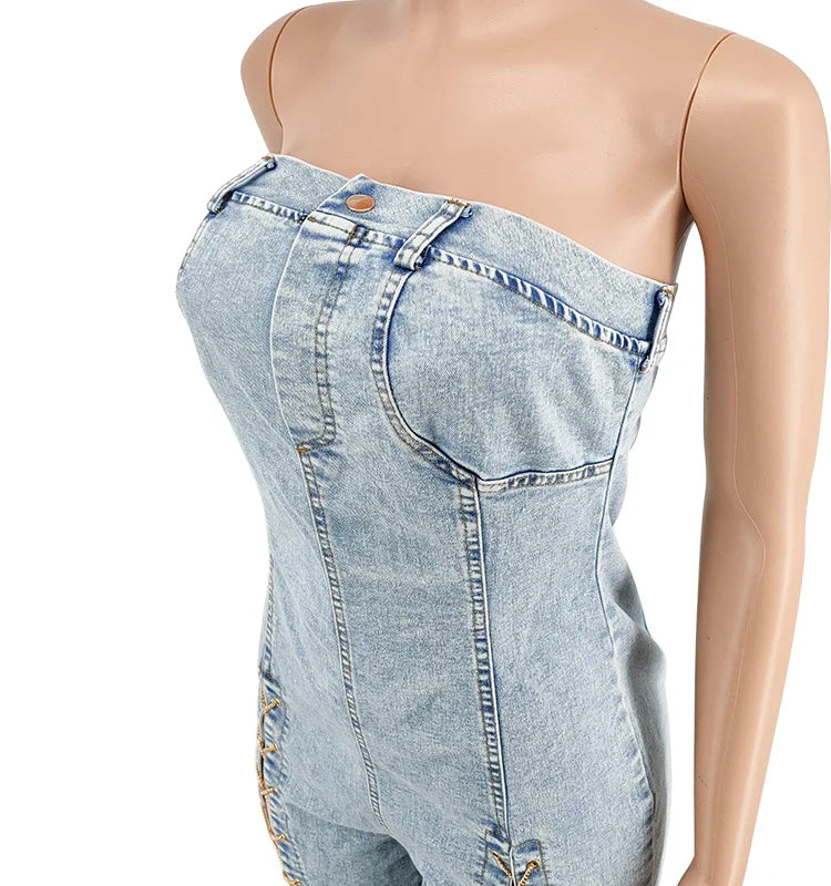 Rompers Women One Piece Elegant Splice Denim Jumpsuits Sexy Slim Fit Strapless Sleeveless Short Pants Sheath Playsuits