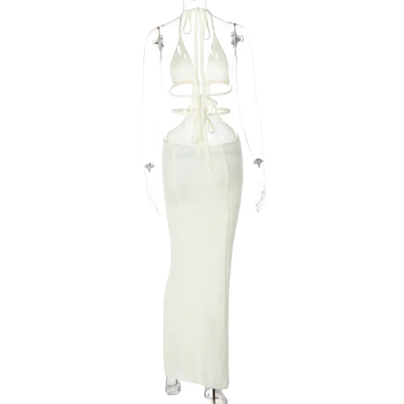 BWQ Knitted Lace Up Halter Midi Dress Women Bodycon Sexy Streetwear Party Club Outfits Beach Crochet Long Dress Fall Winter