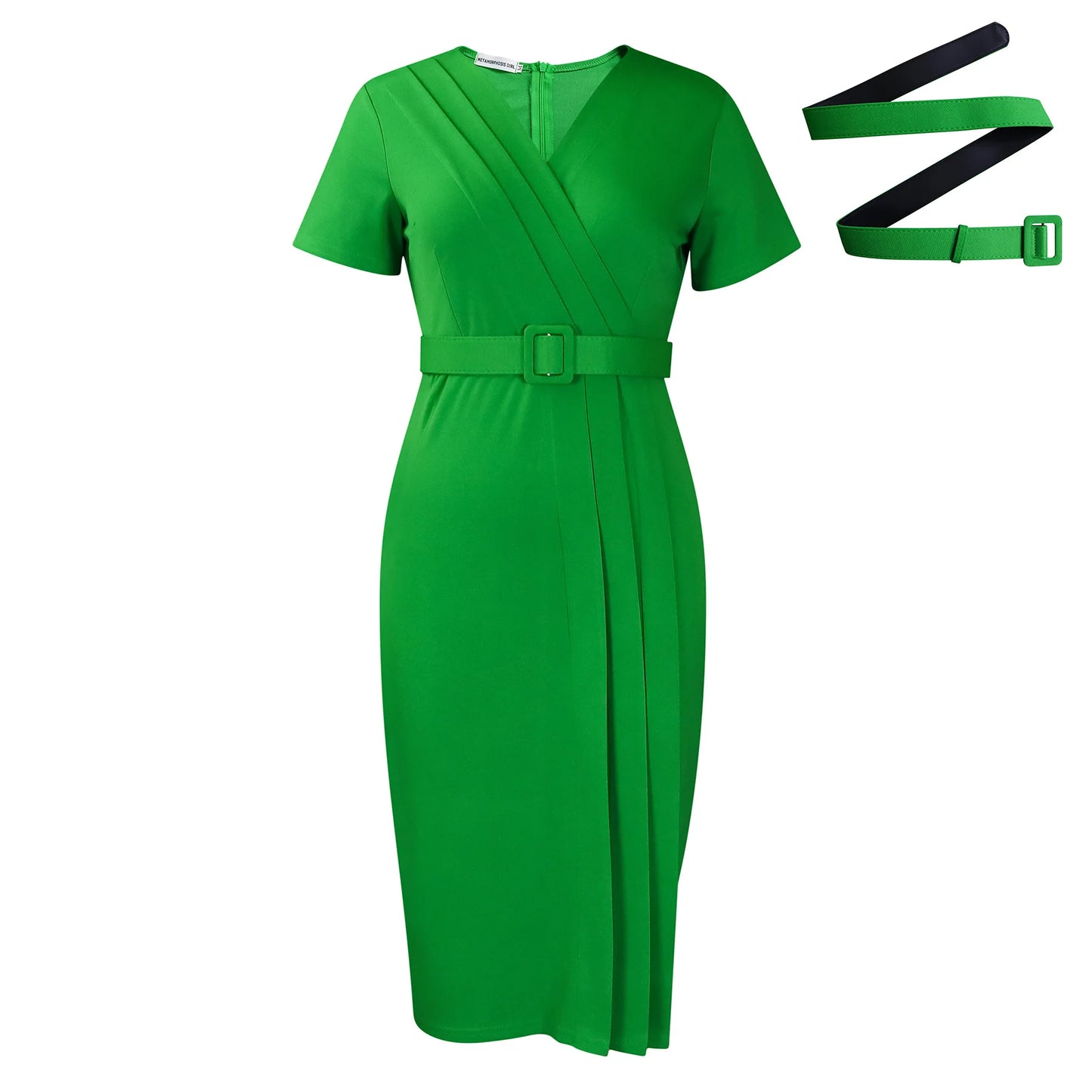 2024 summer new short sleeve V-neck waist solid color Tunle pencil skirt dress