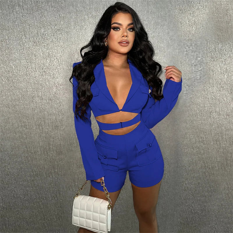 Elegant Stylish Blazer Style Rompers Womens Jumpsuit Shorts Long Sleeve Hollow Out Bodycon Playsuit One Pieces Club Outfits