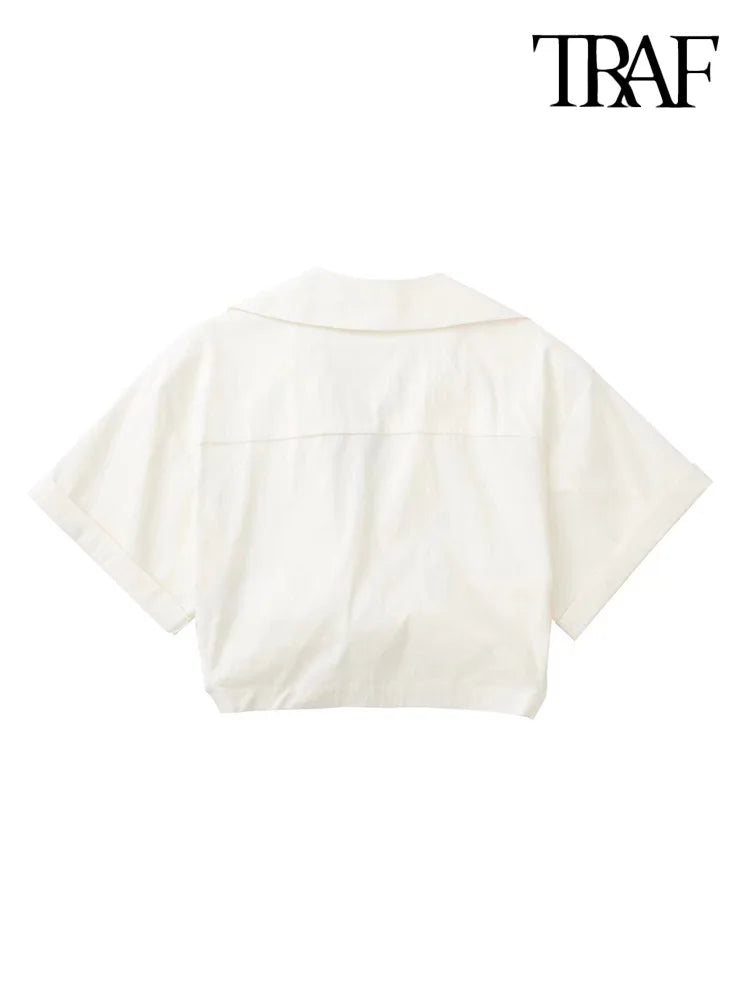 Women Fashion Front Knot Elastic Linen Cropped Shirts Vintage Short Sleeve Patch Pockets Female Blouses Blusa Chic Tops