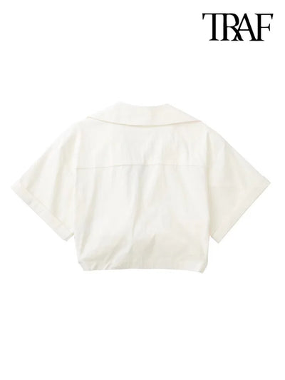 Women Fashion Front Knot Elastic Linen Cropped Shirts Vintage Short Sleeve Patch Pockets Female Blouses Blusa Chic Tops