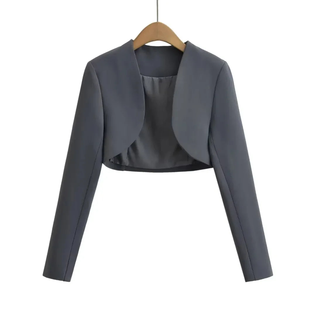 2023 Autumn V neck Open stitching Cropped Blazer Women Full Sleeve Short Suits Fashion Outerwear