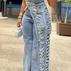 Plus Size Party Blue Asymmetric Hem Distressed Denim Two Piece Pant Sets
