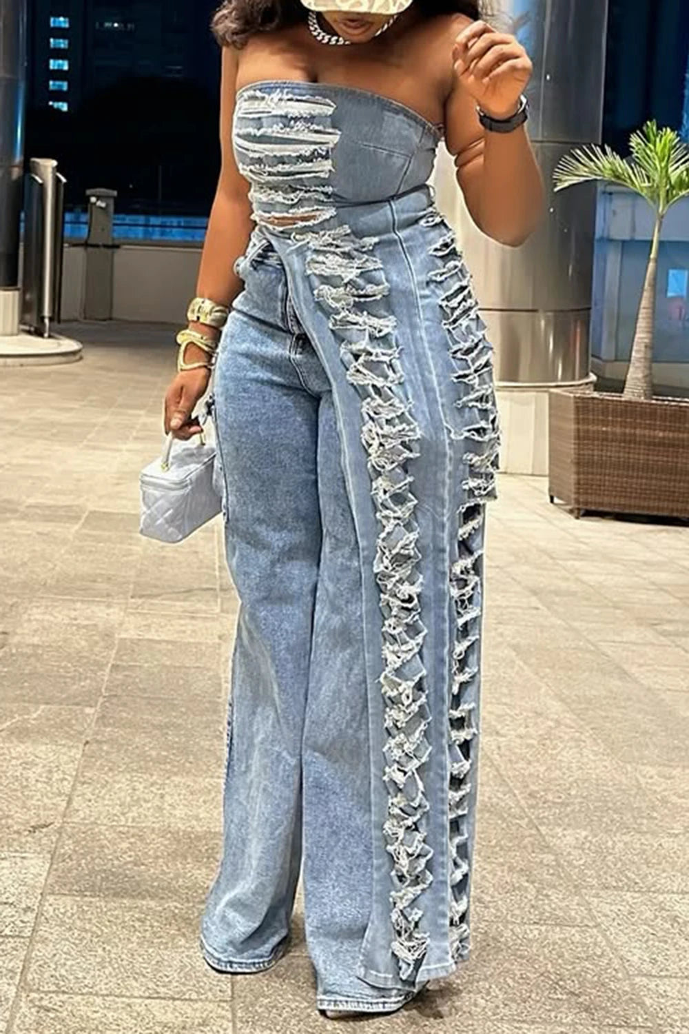 Plus Size Party Blue Asymmetric Hem Distressed Denim Two Piece Pant Sets