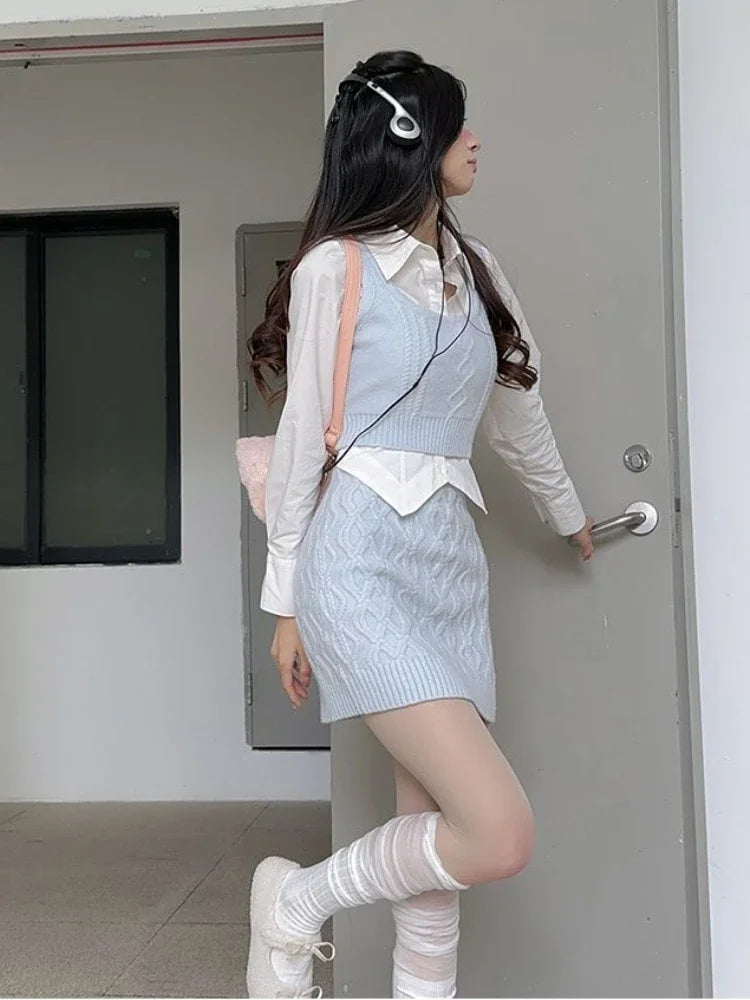 Spring Elegant Vintage Knitted Suits Women Even Party Clothing Korean 3 Piece Dress Set Office Lady Sweater Vest + Mini Skirt