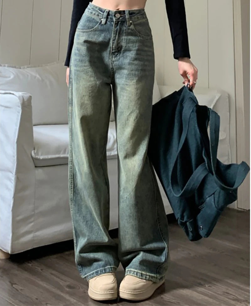 Retro Washed Vintage Jeans For Women In Autumn And Winter High Waisted Straight Leg Loose Wide Leg Pants Casual Pants