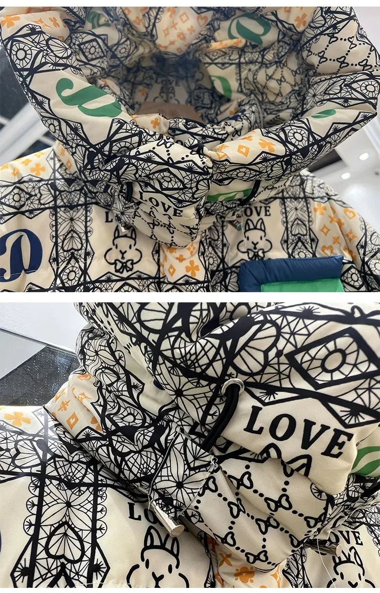 2023 European Station Winter New Down Jacket Women's Warm Fashion Short Color Patchwork Graffiti thick White Duck Down Coa