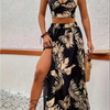 Women Sleeveless Low Cut V-Neck Printed Dress High Slit Sexy Dresses Trendy Half Skirt Women's Set Light Elegant Summer Set